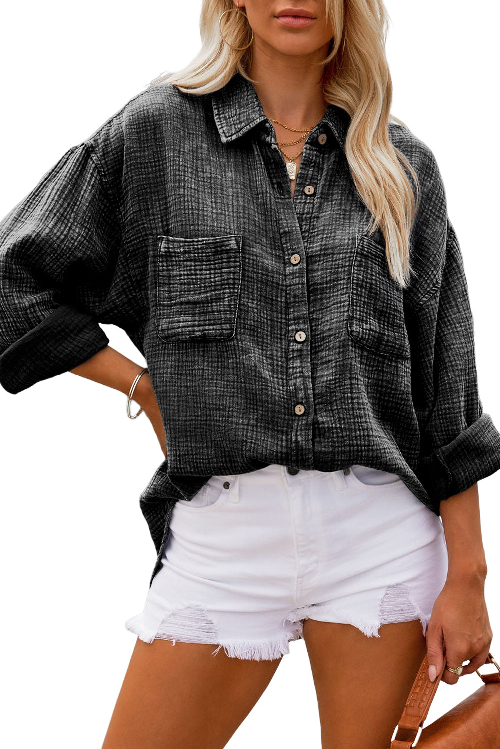 Orange Crinkled Dual Chest Pocket Oversized Shirt Dress