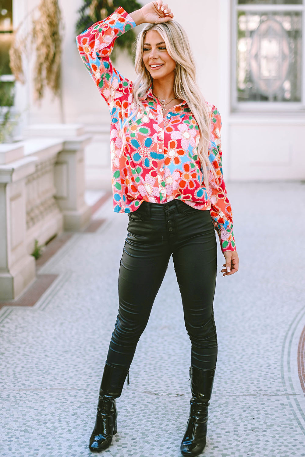 Purple Boho Flower Print Puff Short Sleeve Top