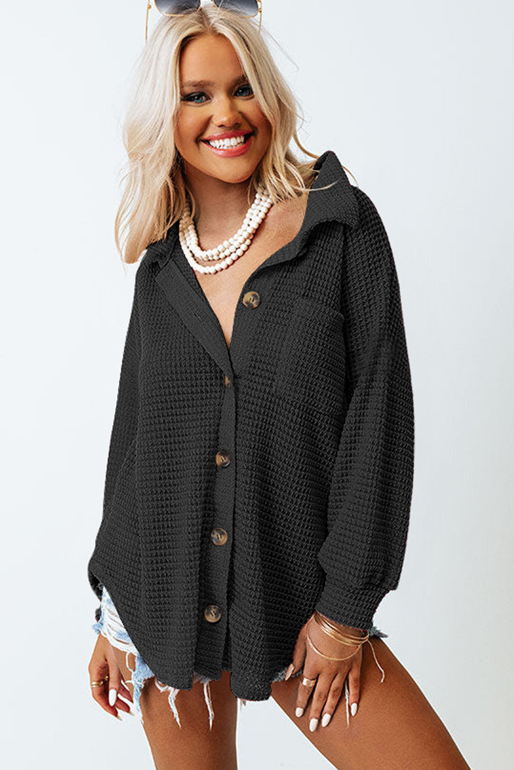 Black Plus Size Chest Pocket Waffle Knit Shirt