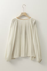 Beige Floral Embroidered Textured Puff Sleeve Loose Shirt