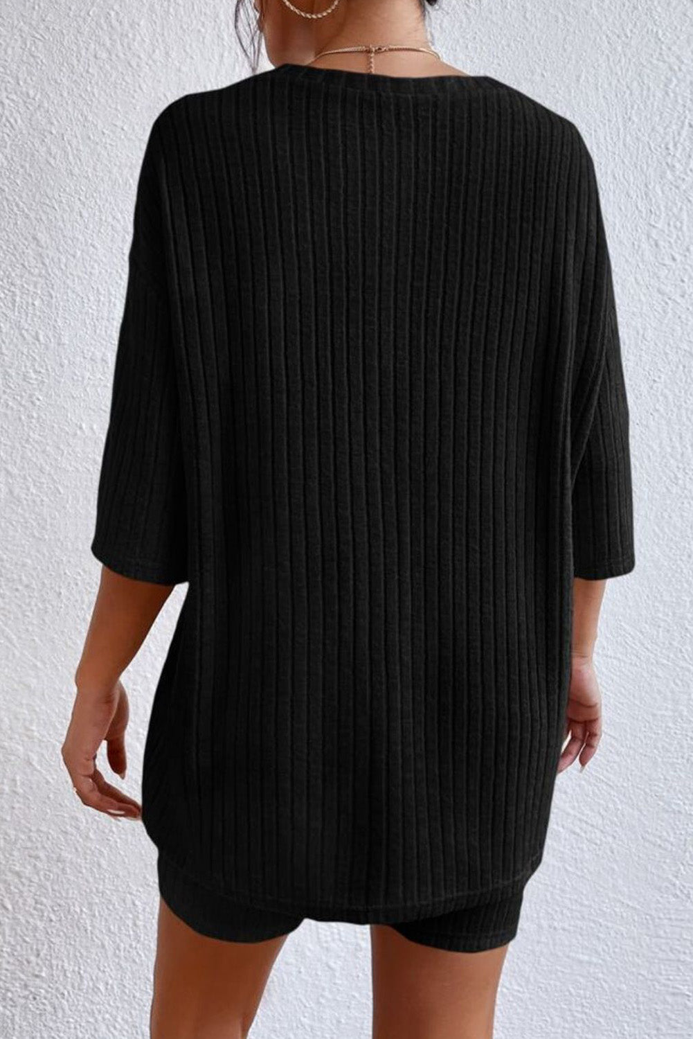 Black Ribbed Knit V Neck Slouchy Two-piece Outfit