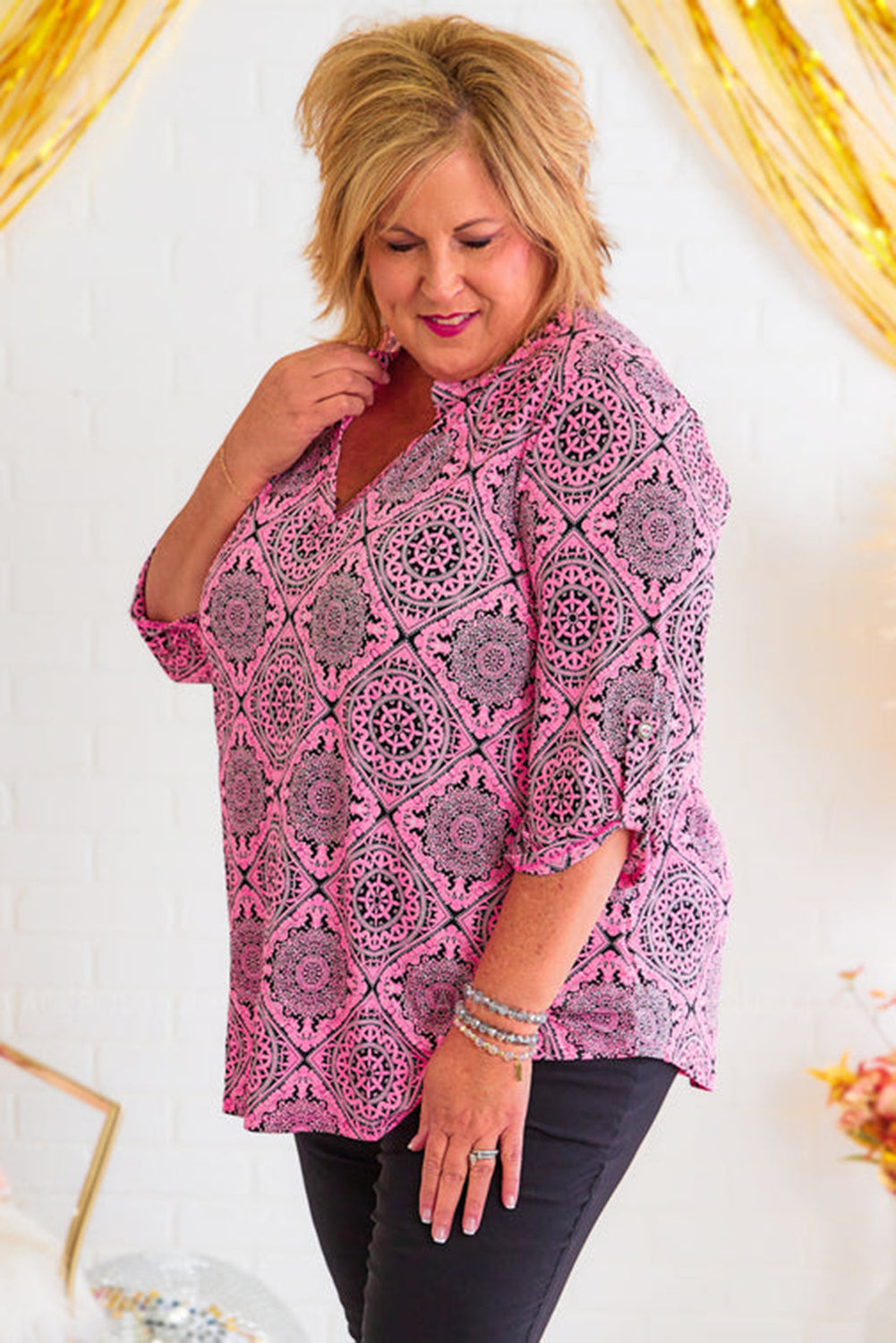 Pink Printed Plus Size Paisley Print V Neck Roll Tab Sleeve Blouse