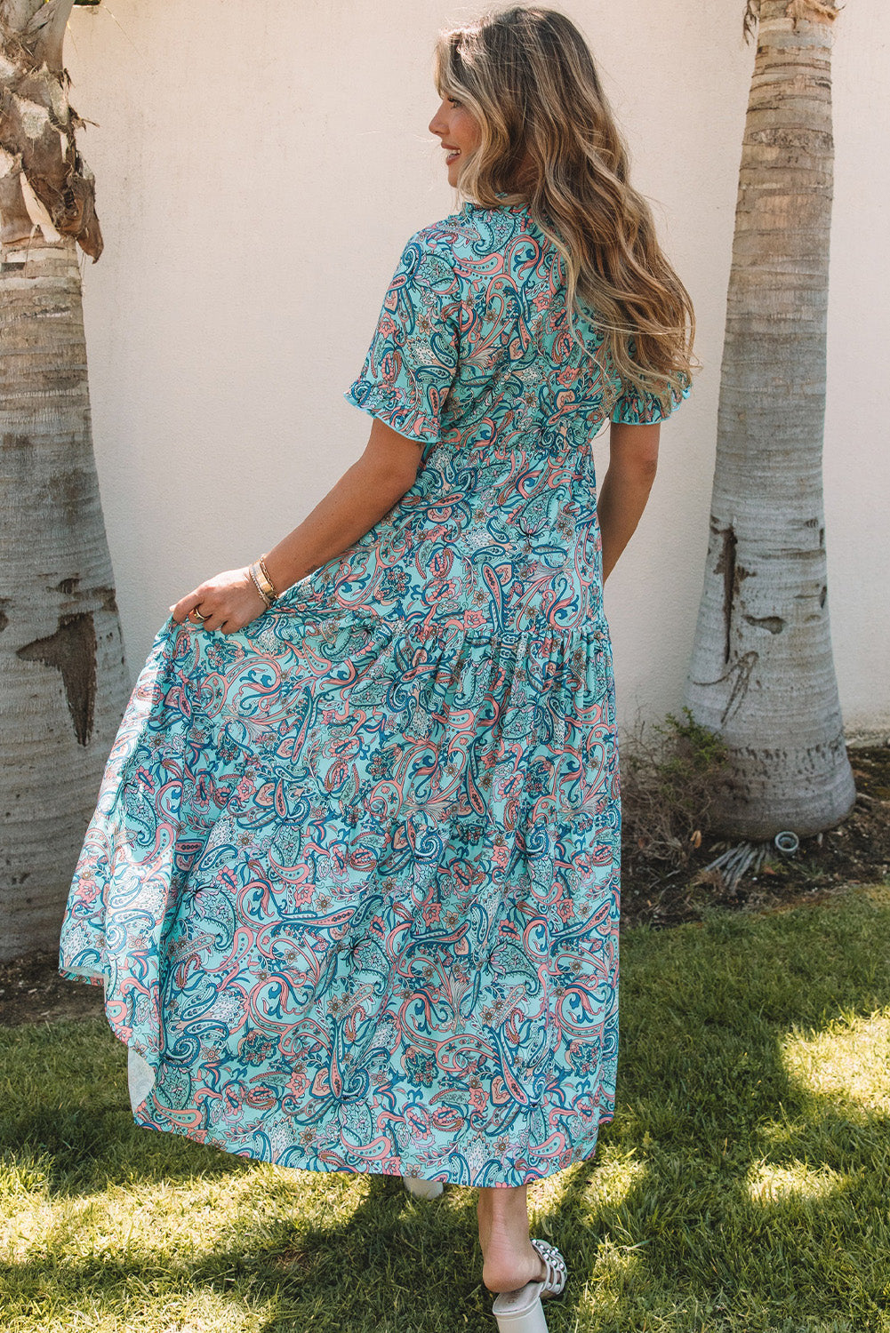 Sky Blue Paisley Print Boho Holiday Ruffle Tiered Maxi Dress