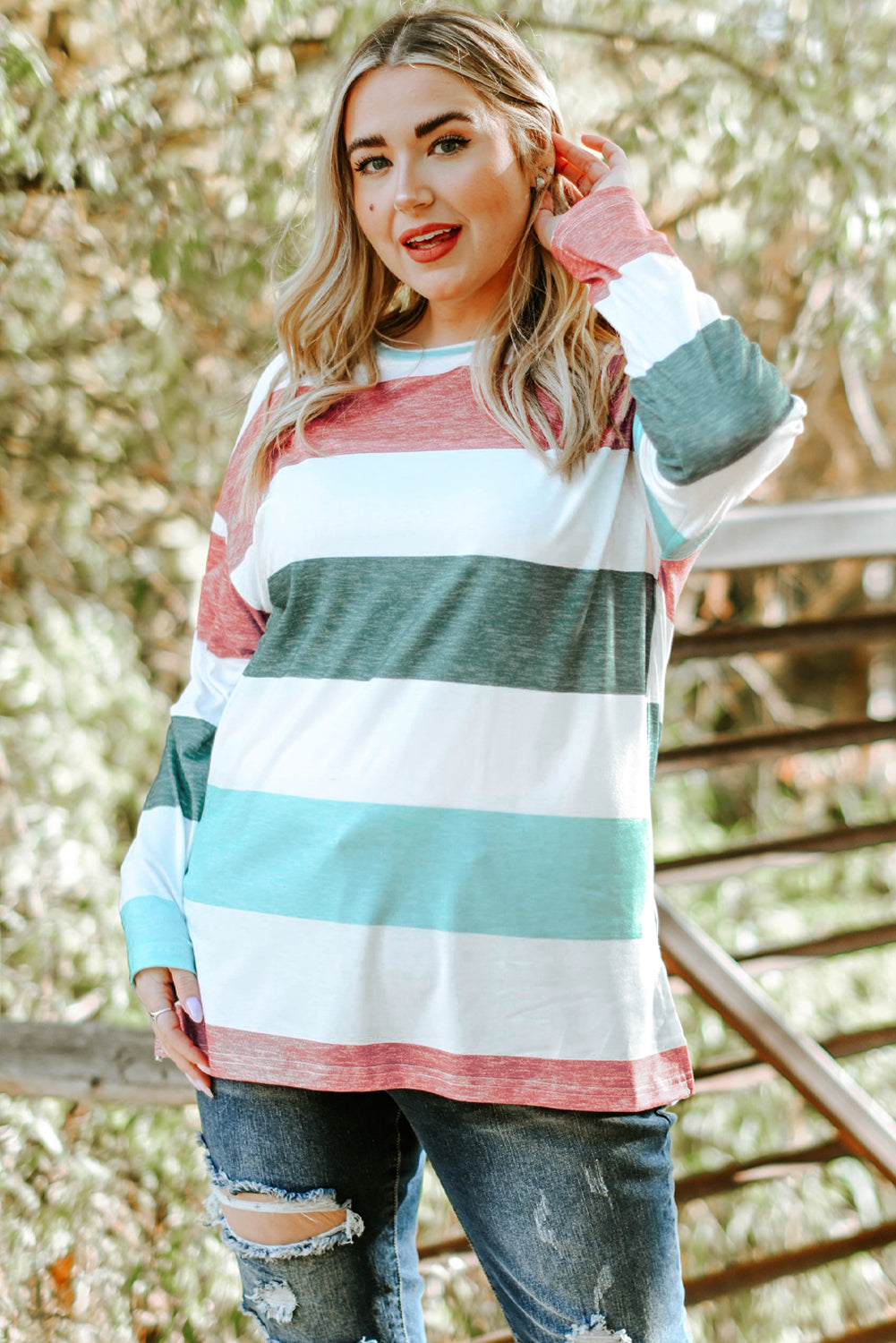 Sky Blue Stripe Plus Size Colorblock Pullover Top