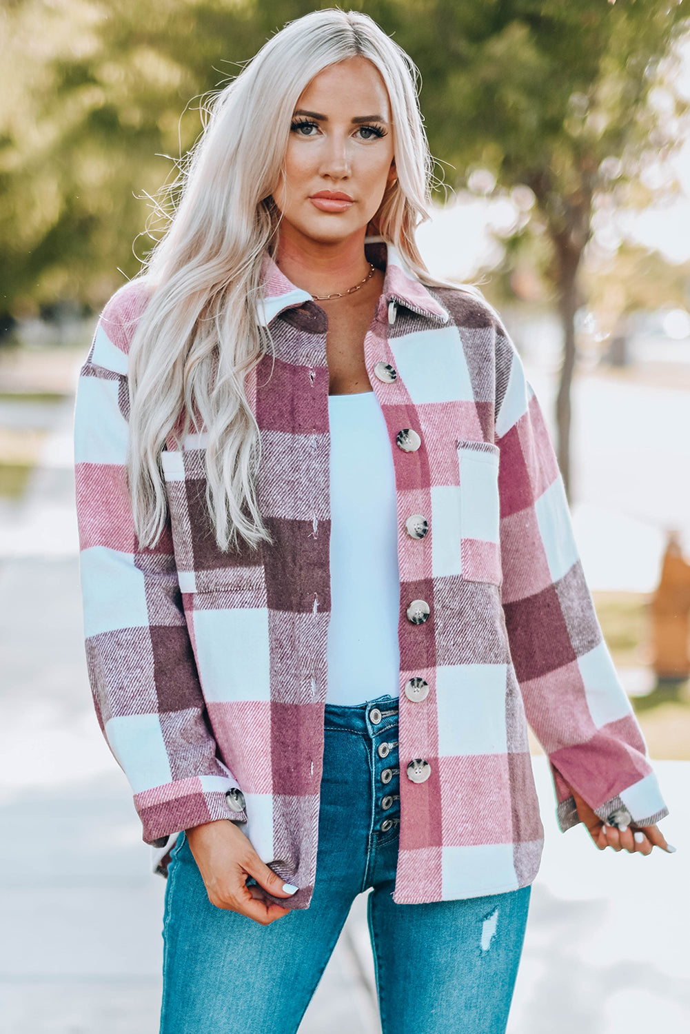 Gray Plus Size Checkered Button-Up Shacket