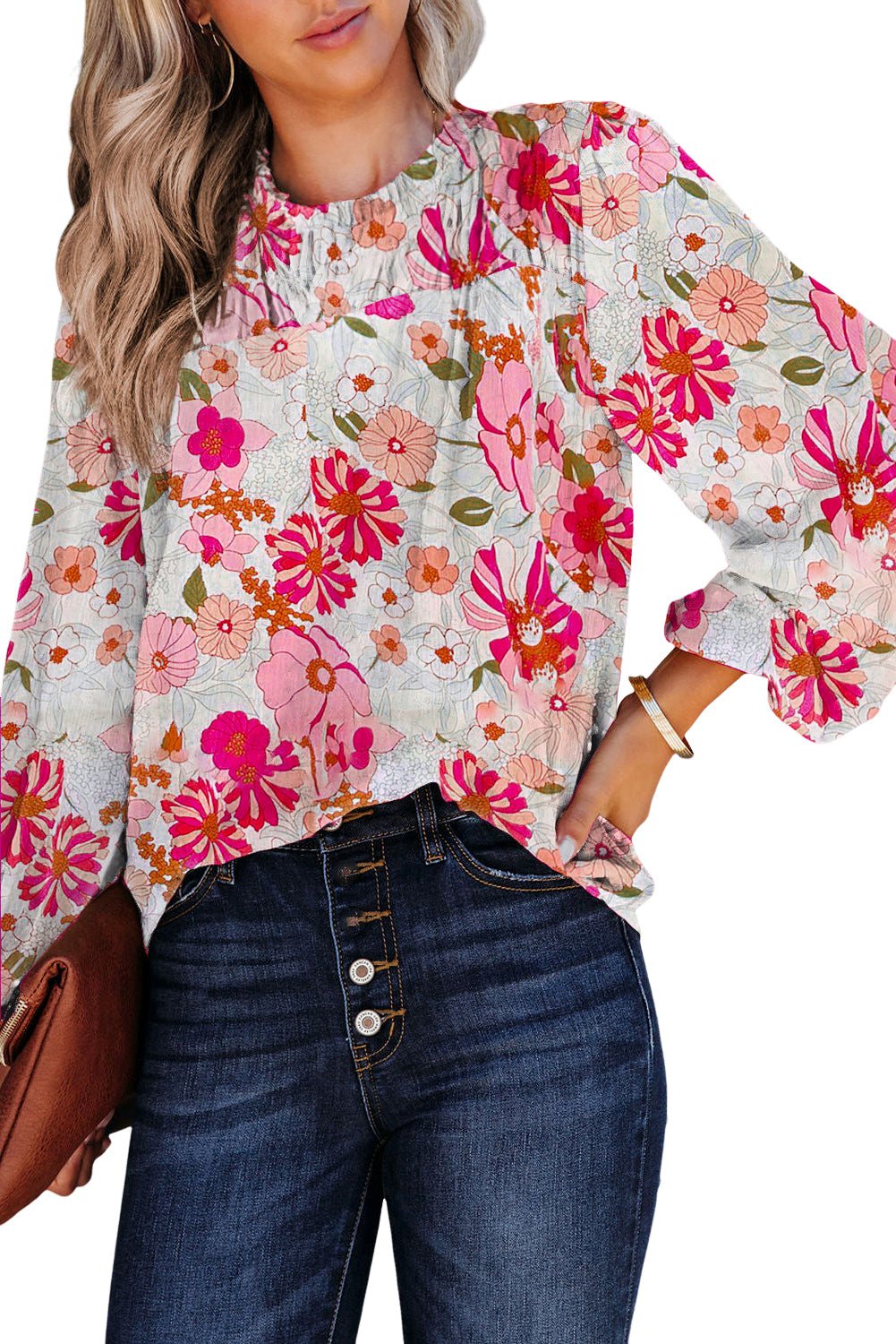 Multicolor Boho Flower Print Puff Short Sleeve Top