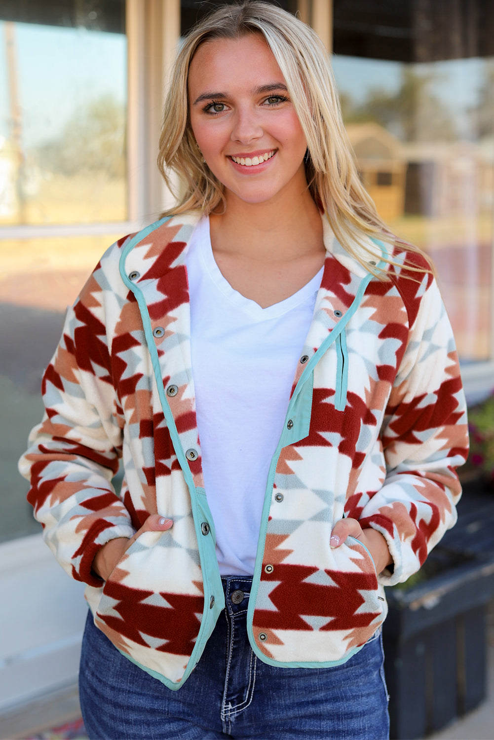 Fiery Red Geometric Aztec Pattern Plus Size Fleece Jacket