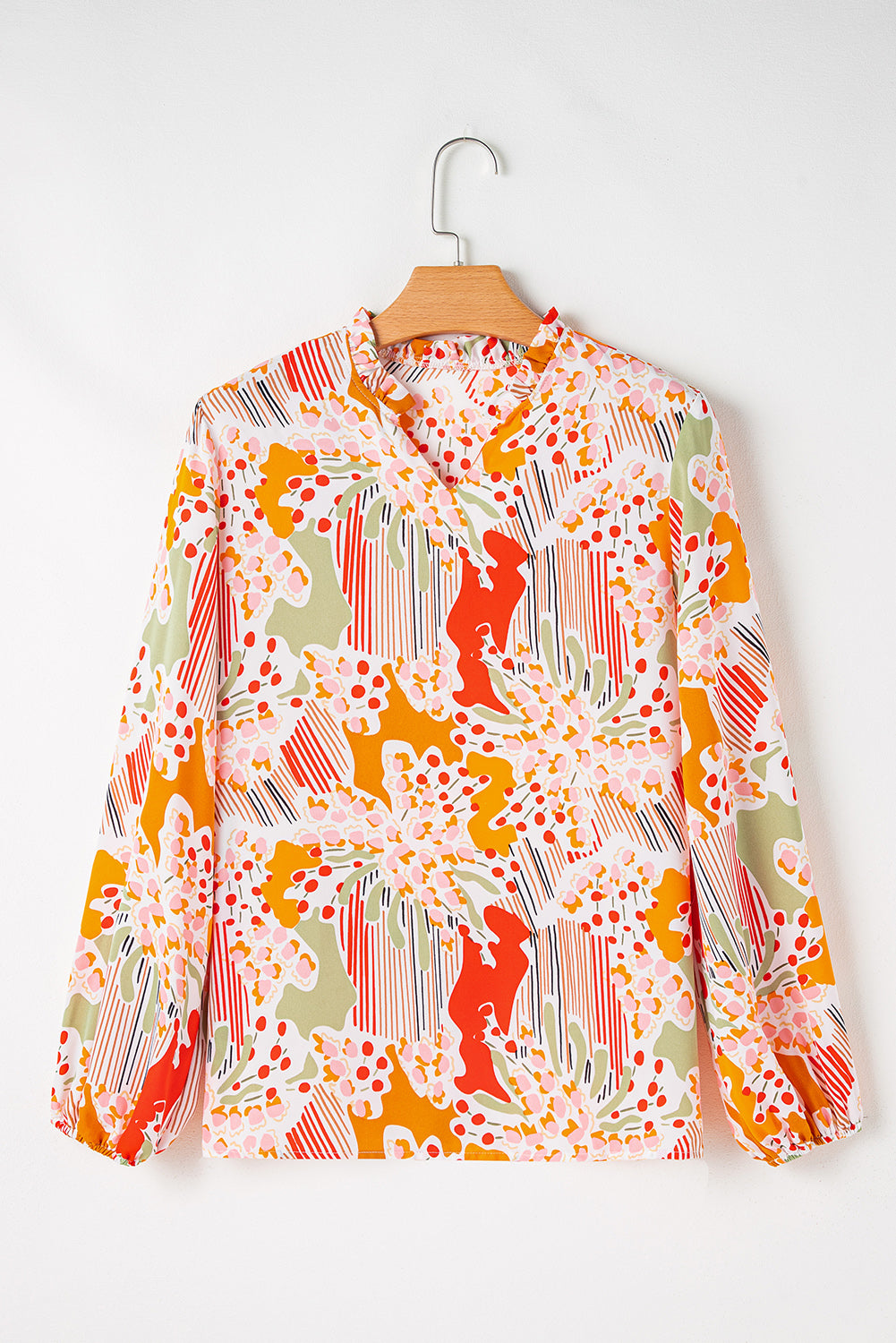 Orange Printed Floral Abstract Print Frilled V Neck Plus Size Blouse