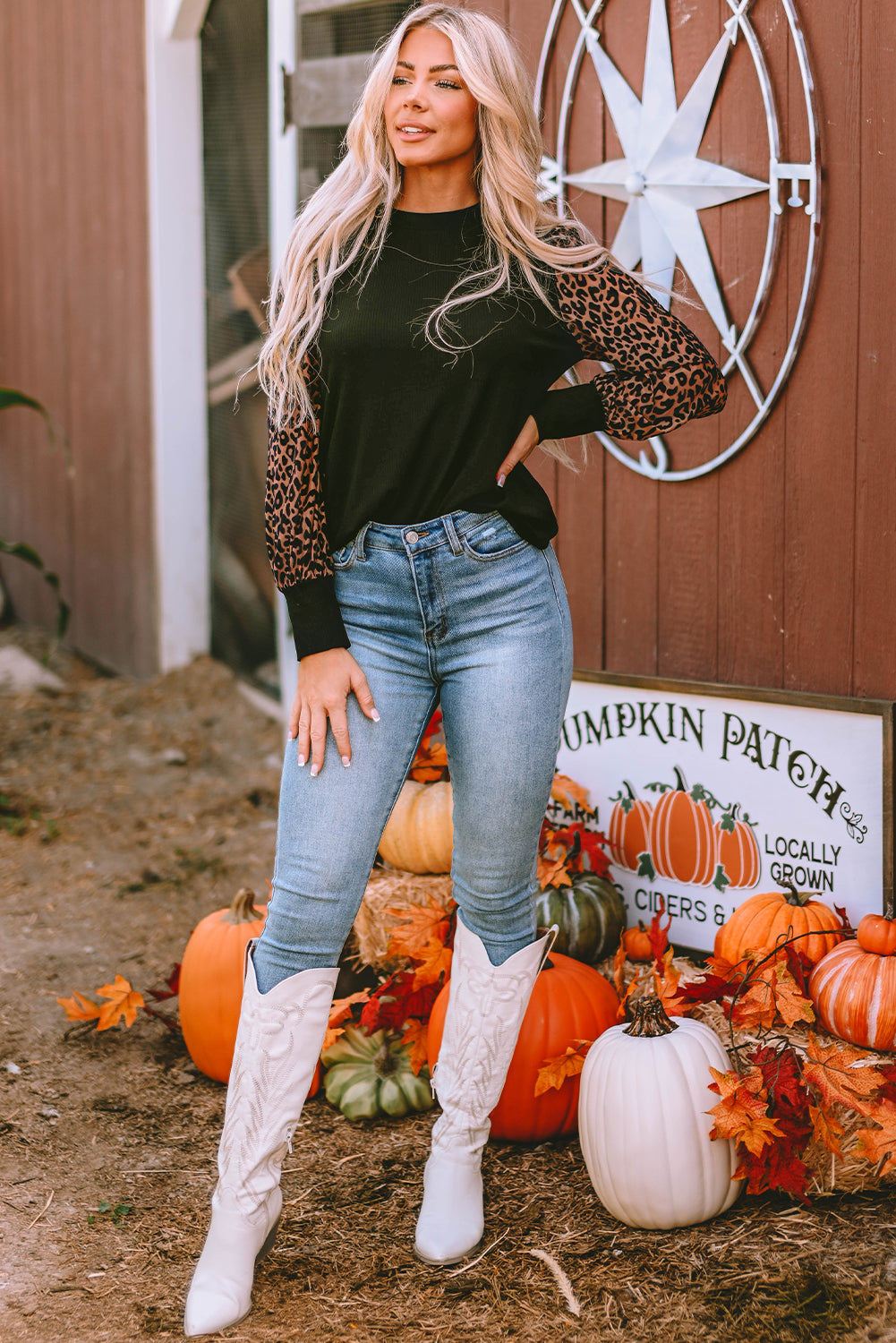 Apricot Leopard Print Long Sleeve Ribbed Knit Blouse