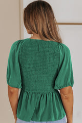 Green Puff Sleeve Smocked Top