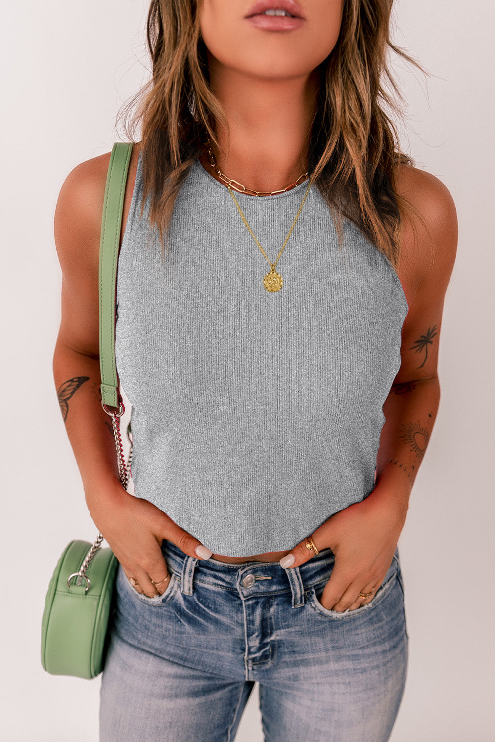 Gray Rib Knit Crew Neck Sleeveless Crop Top