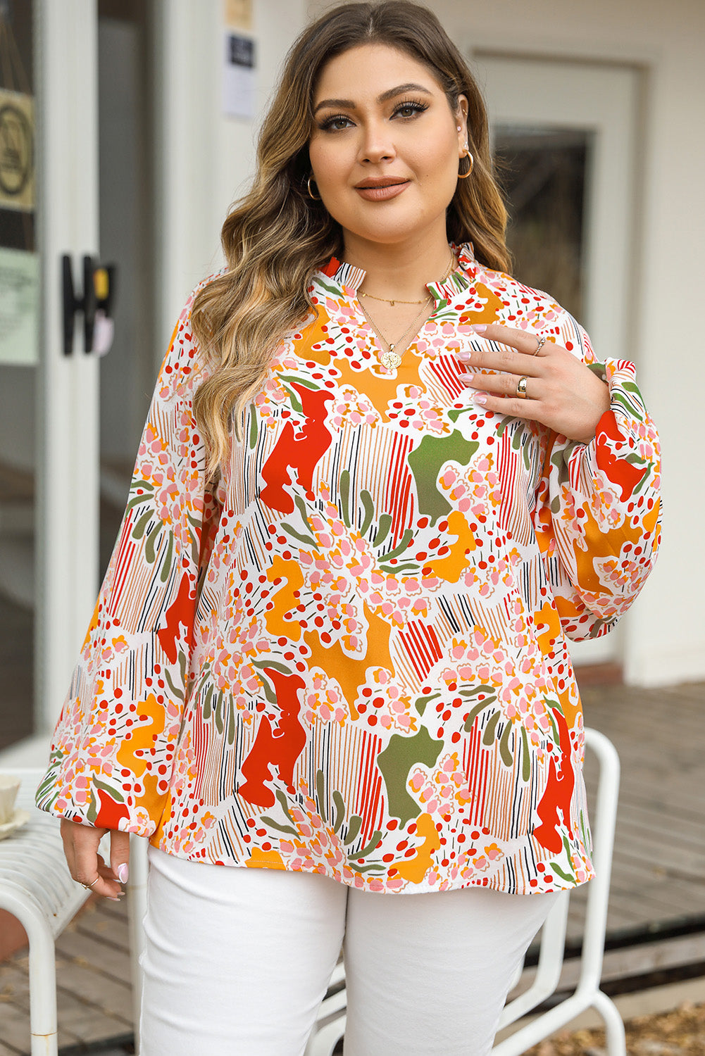 Orange Printed Floral Abstract Print Frilled V Neck Plus Size Blouse