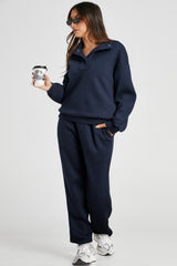 Navy Blue Solid Color Collared Sweatshirt and High Waist Pants Set