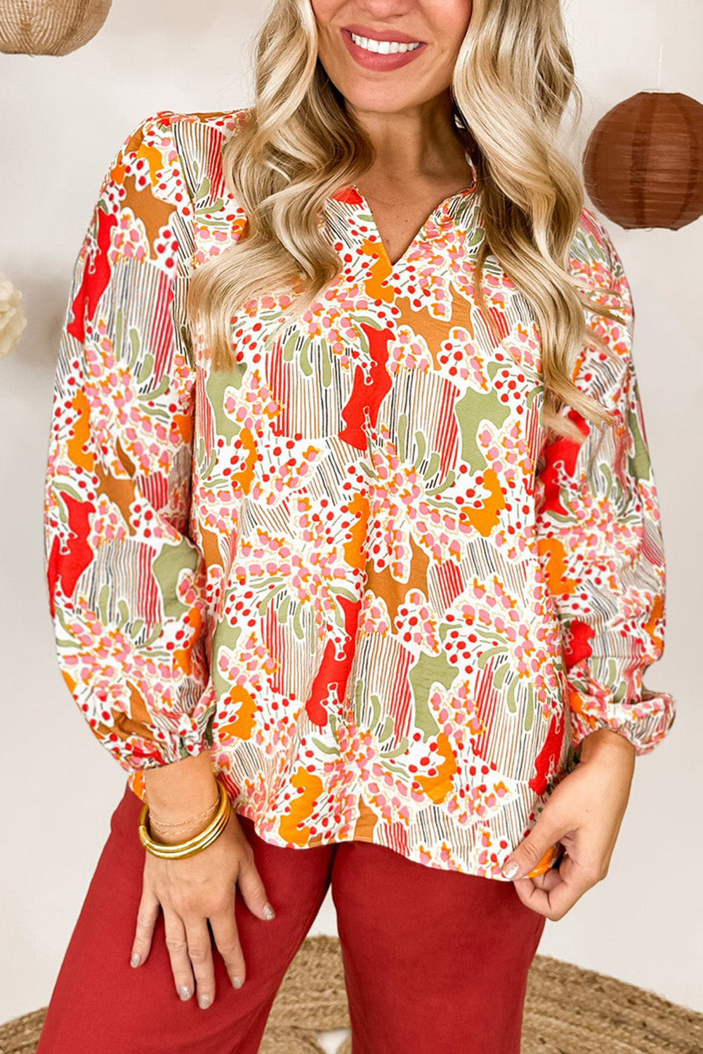 Orange Printed Floral Abstract Print Frilled V Neck Plus Size Blouse