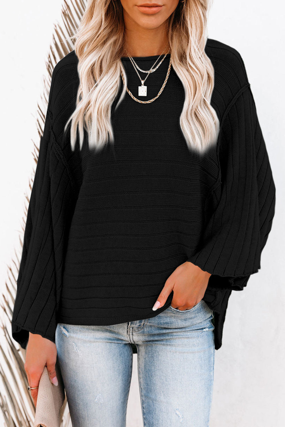 Apricot Exposed Seam Ribbed Knit Dolman Sweater