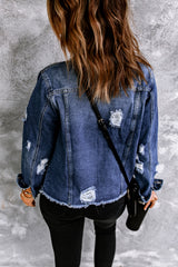 Dark Blue Plus Size Distressed Flap Pocket Denim Jacket