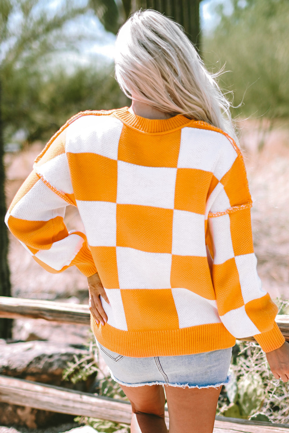 Khaki Checkered Bishop Sleeve Sweater