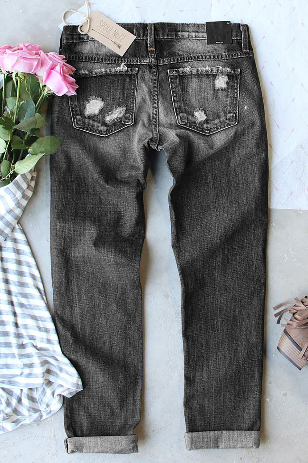 Buttoned Pockets Distressed Jeans