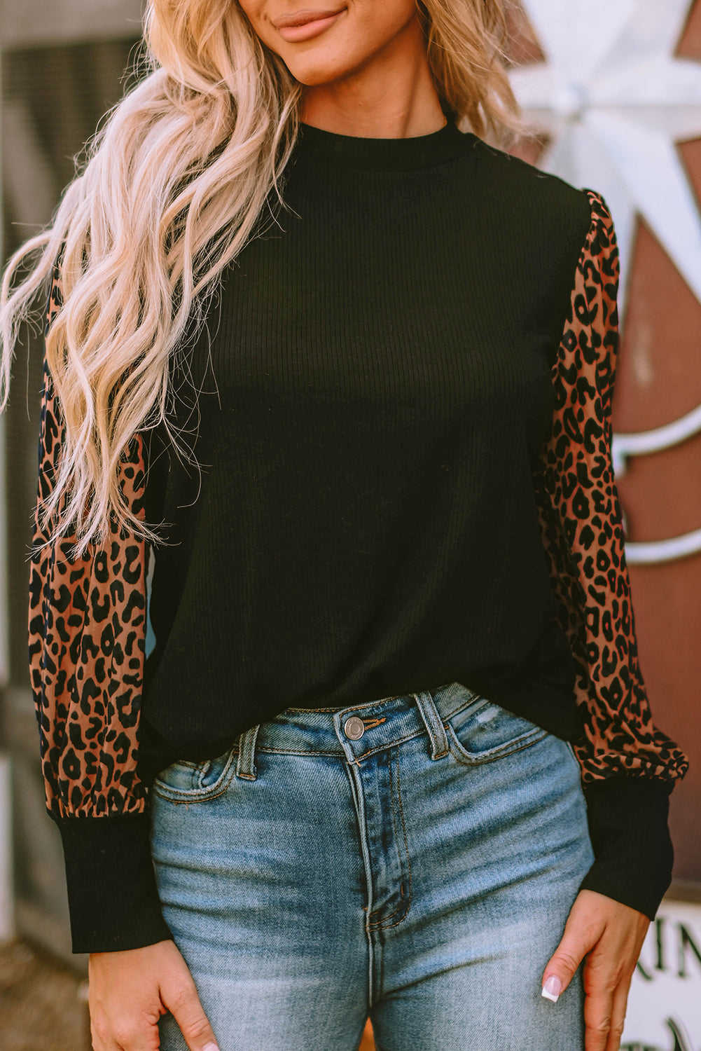 Apricot Leopard Print Long Sleeve Ribbed Knit Blouse