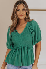 Green Puff Sleeve Smocked Top