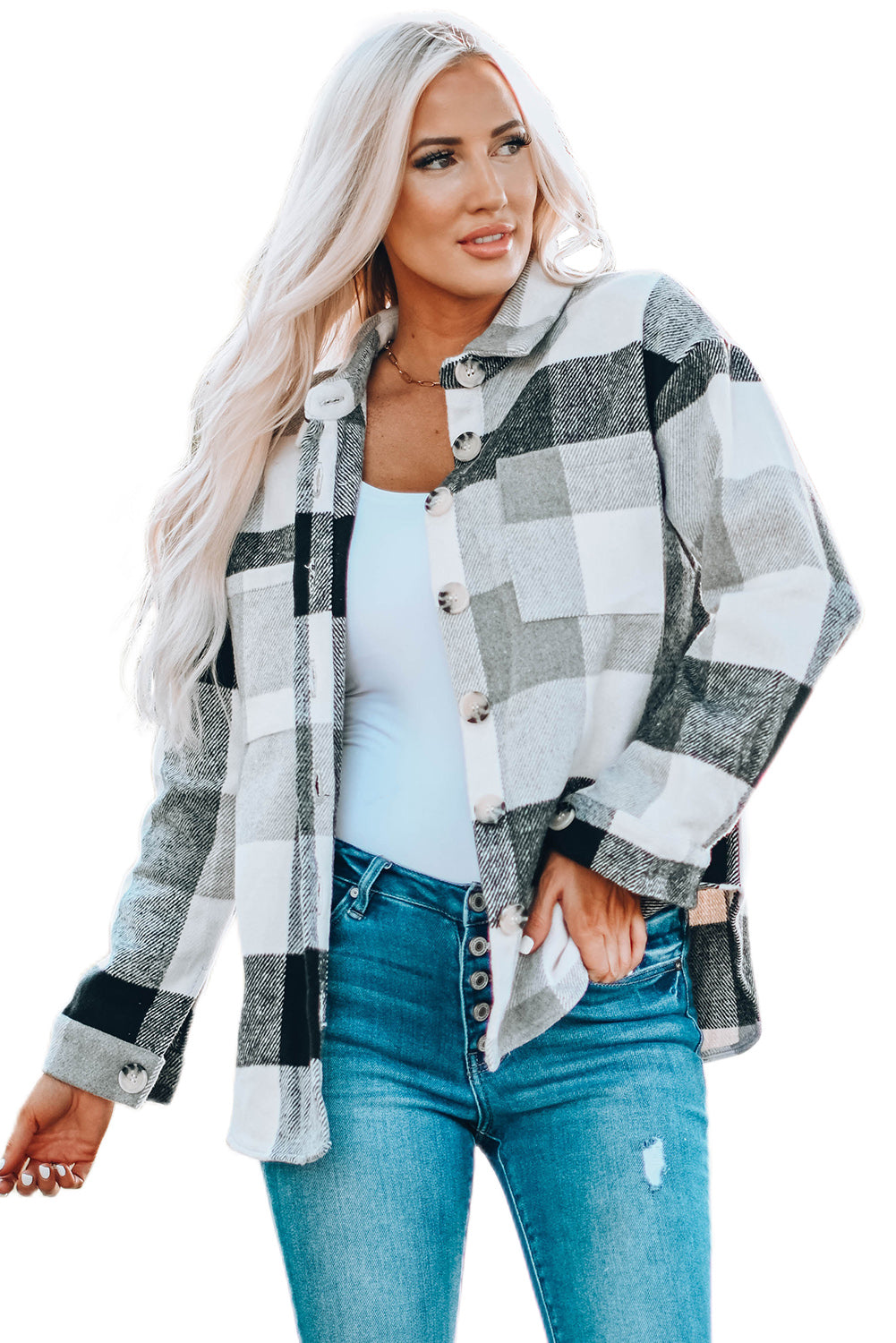 Gray Plus Size Checkered Button-Up Shacket