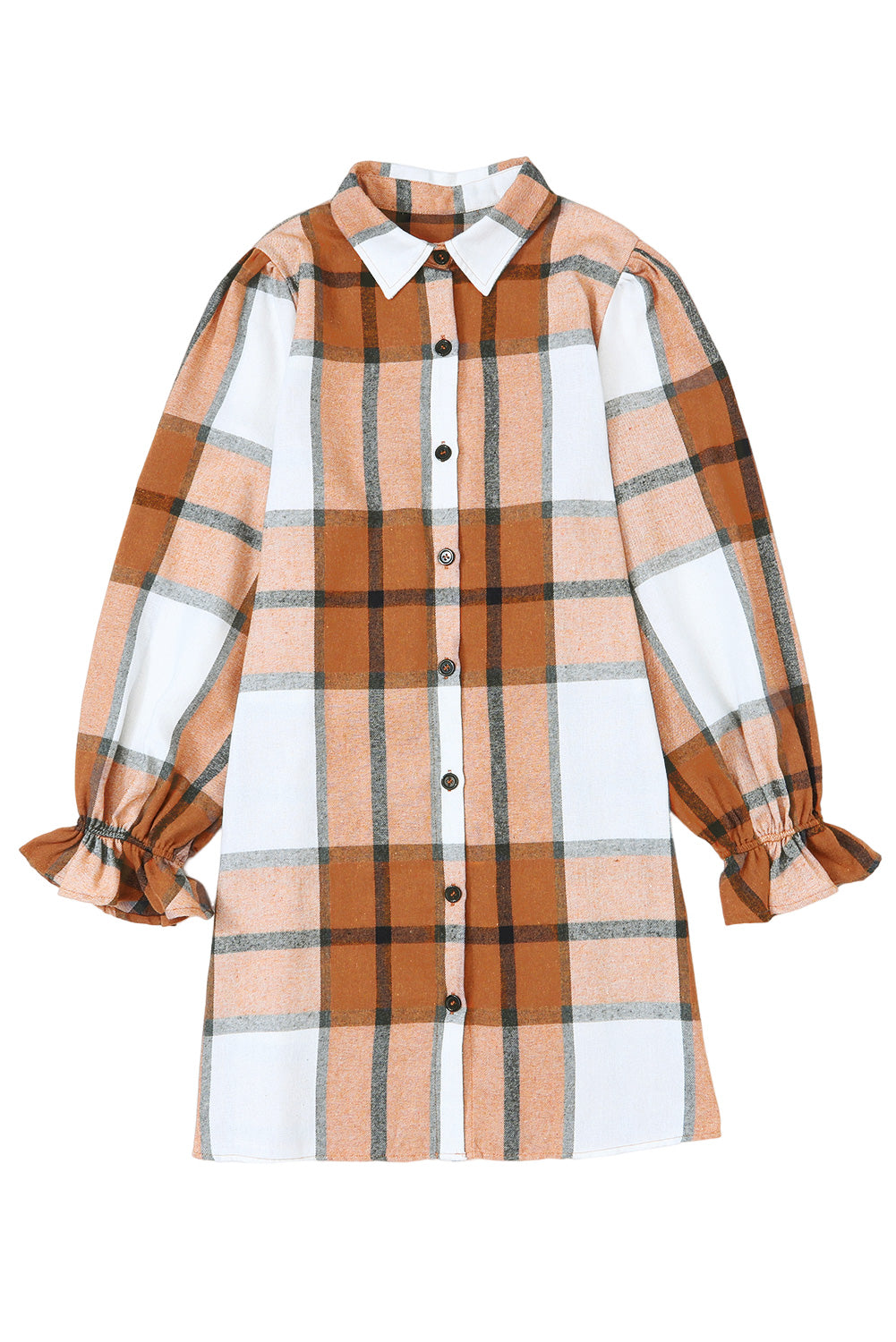 Khaki Plus Size Plaid Flounce Sleeve Button up Shirt Dress