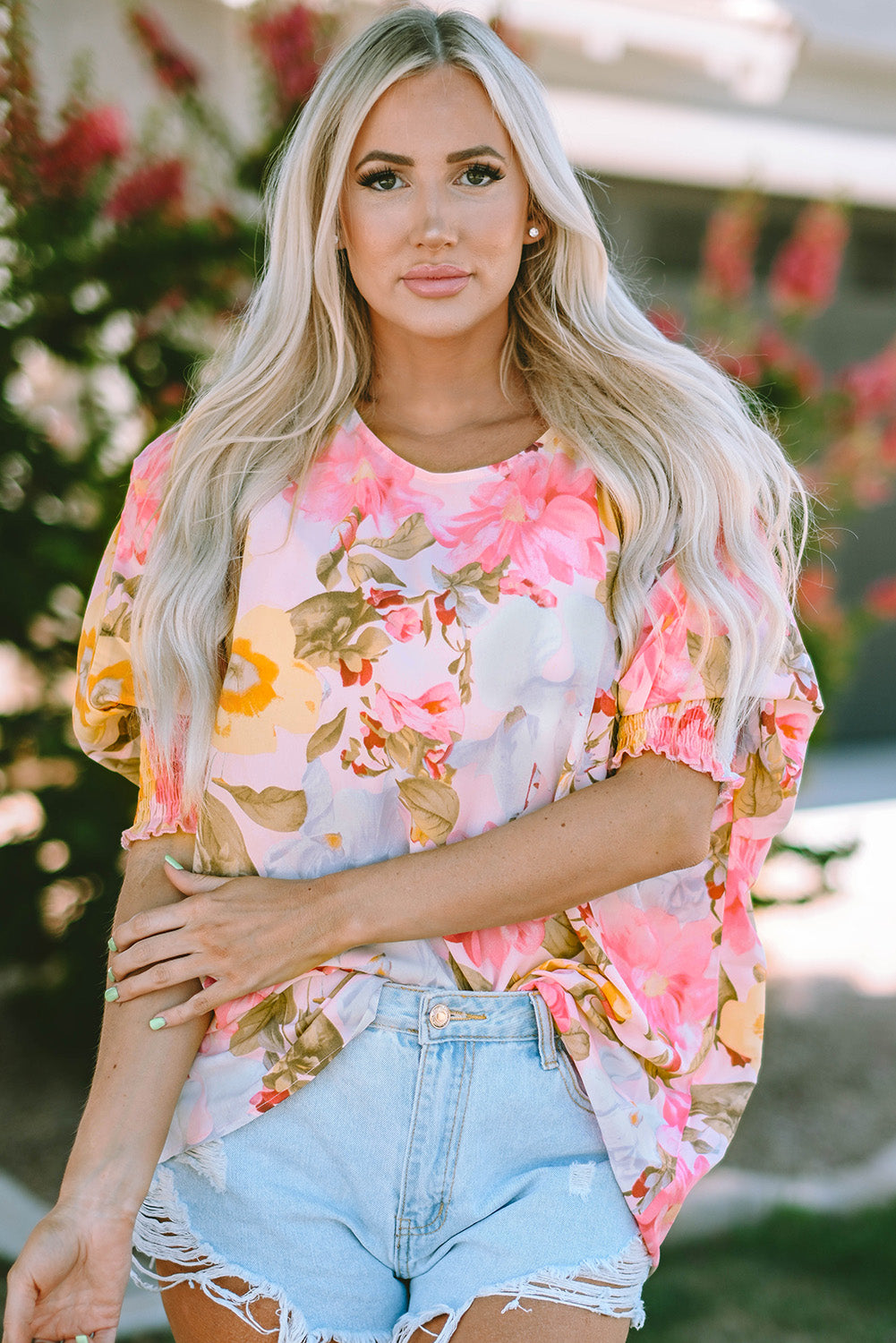 Pink Notched Neck Ruffle Floral Dress