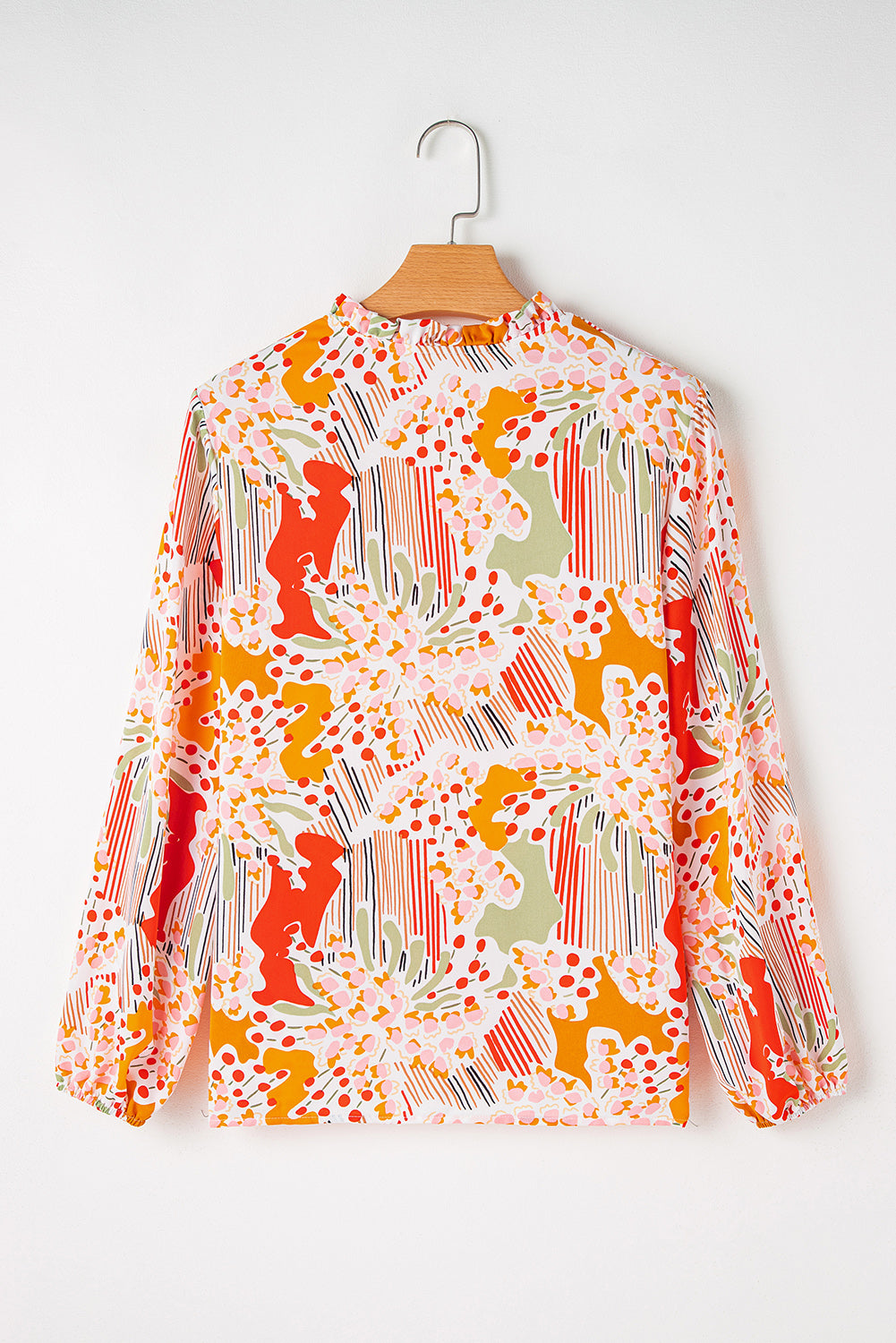 Orange Printed Floral Abstract Print Frilled V Neck Plus Size Blouse