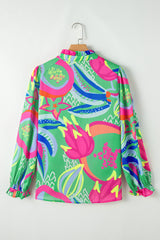 Green Abstract Print Ruffled Sleeve Buttoned V Neck Blouse