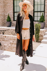 Black 3/4 Sleeve Button Up Long Kimono