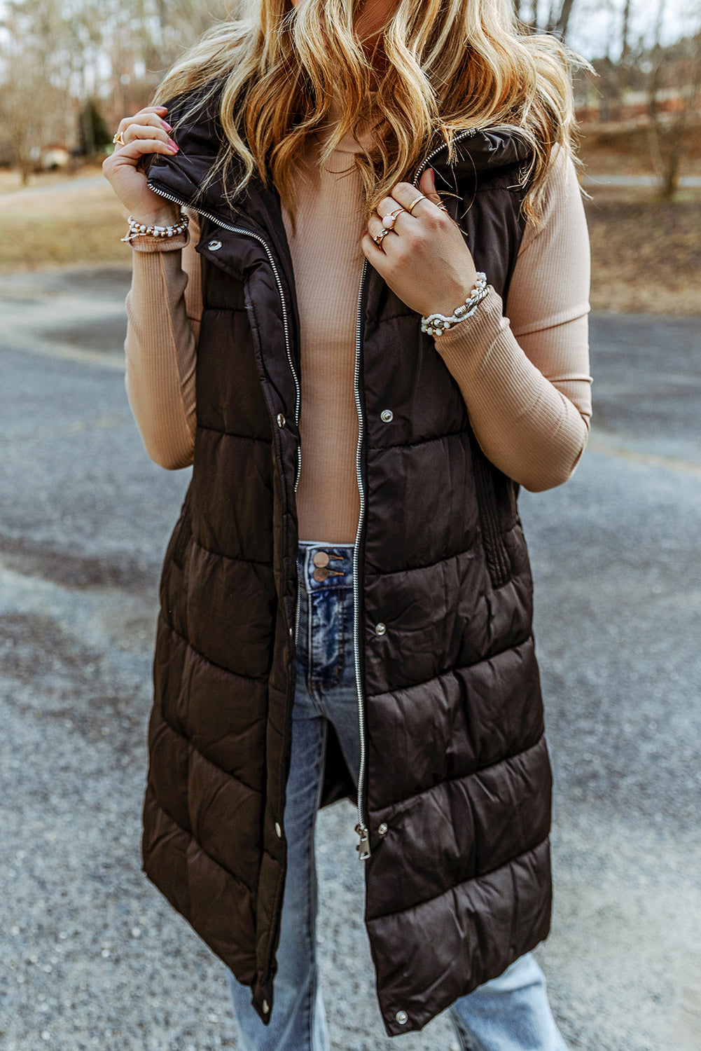 Black Hooded Long Quilted Vest Coat