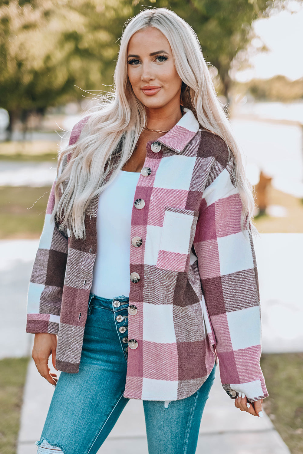 Gray Plus Size Checkered Button-Up Shacket