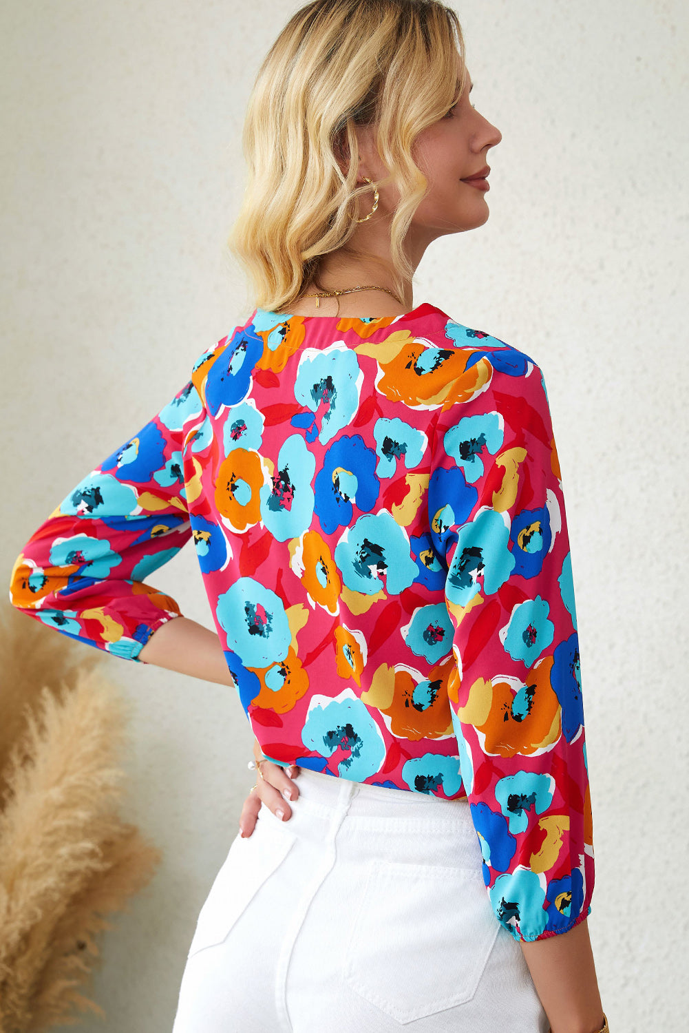 Sky Blue Multicolor Abstract Print High Neck Flutter Sleeves Top