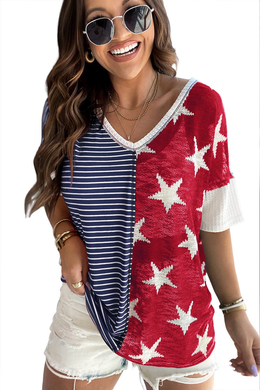 Multicolor Stripes Stars Print Knit Short Sleeves Top