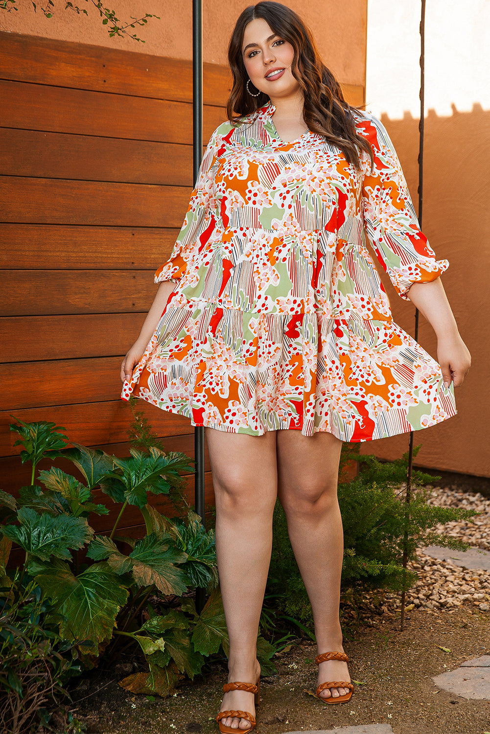 Orange Printed Floral Abstract Print Frilled V Neck Plus Size Blouse