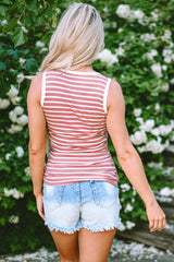 Pink Stripe Contrast Round Neck Sleeveless Slim Top