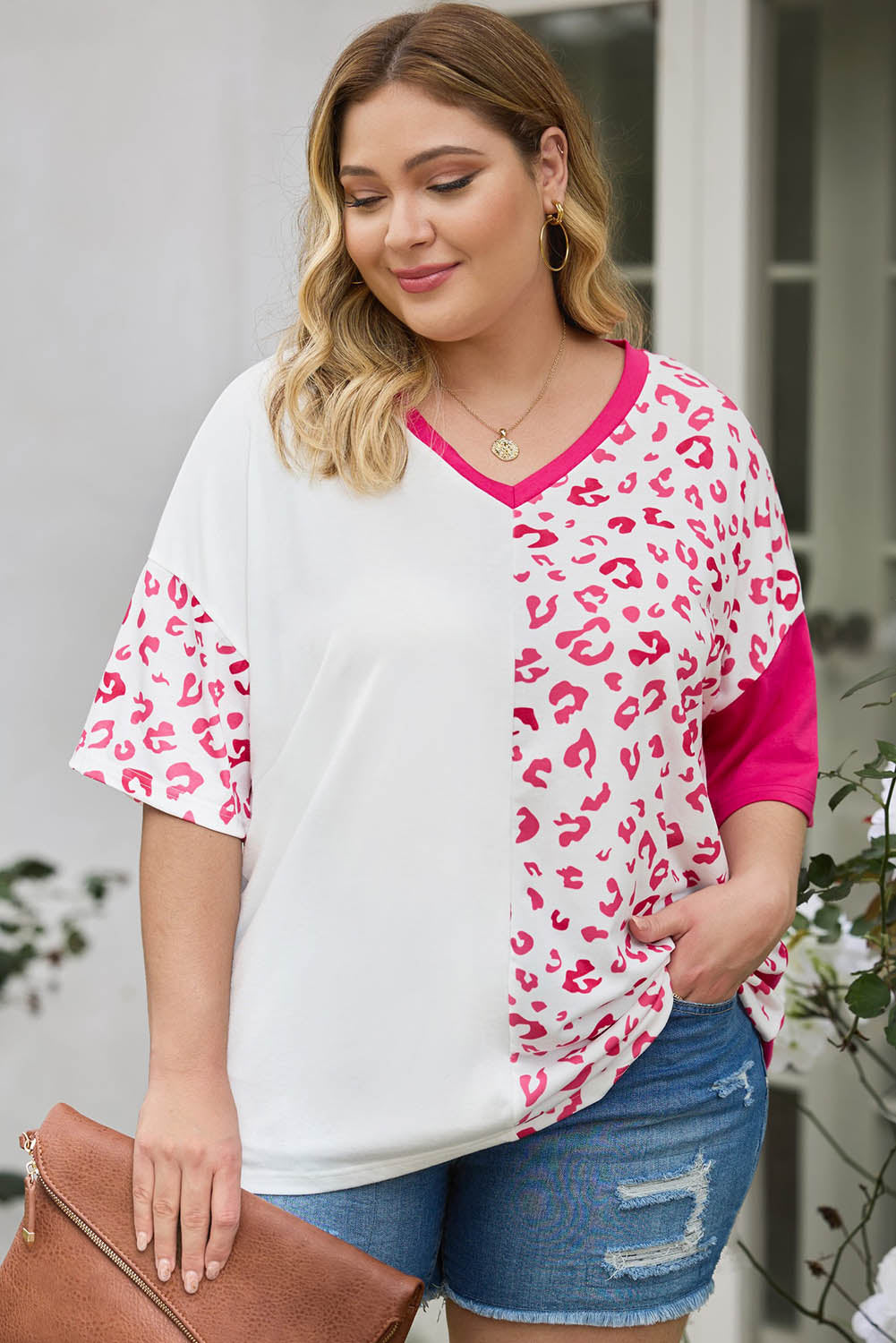 White Plus Size Leopard Patchwork Short Sleeve Top