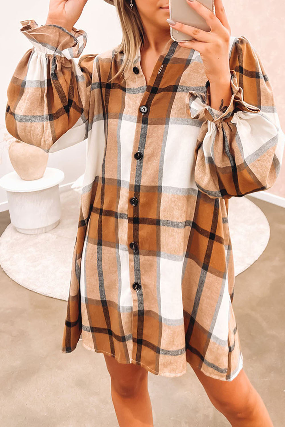 Khaki Plus Size Plaid Flounce Sleeve Button up Shirt Dress