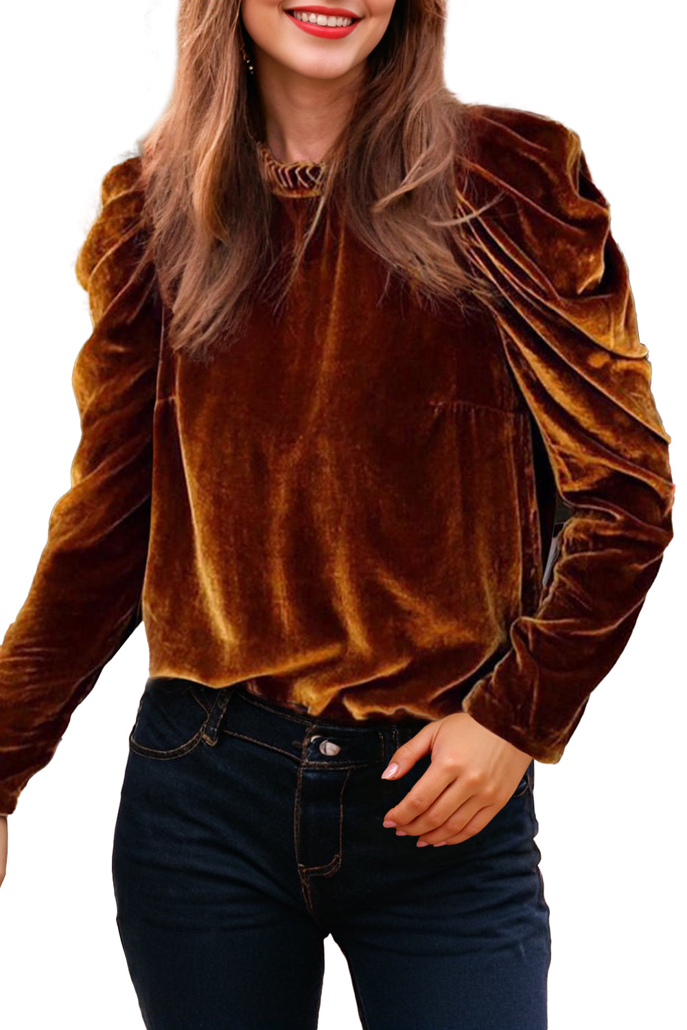 Chestnut Frilled Collar Puff Sleeve Velvet Top