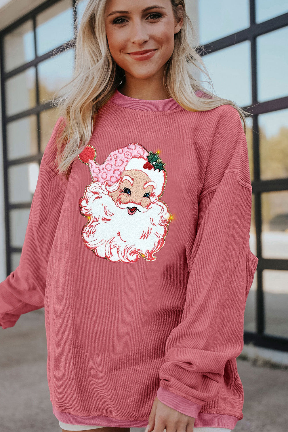 Strawberry Pink MERRY Christmas Corded Pullover Sweatshirt