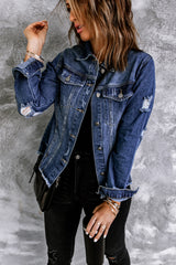 Dark Blue Plus Size Distressed Flap Pocket Denim Jacket