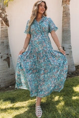 Sky Blue Paisley Print Boho Holiday Ruffle Tiered Maxi Dress