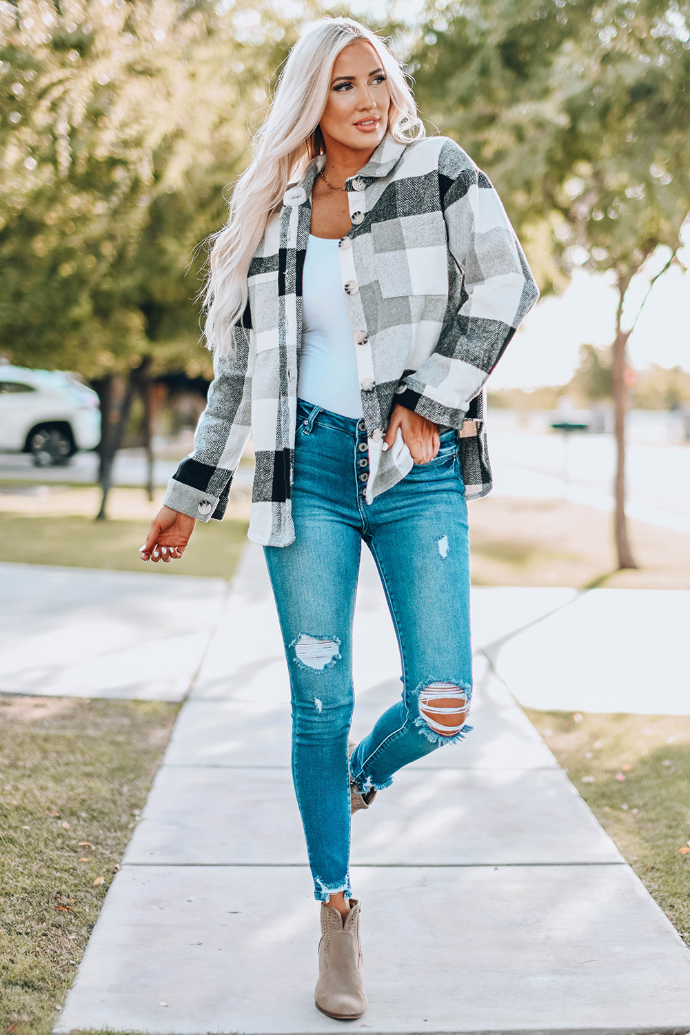 Gray Plus Size Checkered Button-Up Shacket