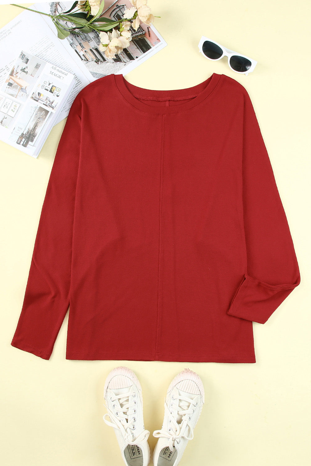 Red Dahlia Piping Detail Plus Size Long Sleeve Top