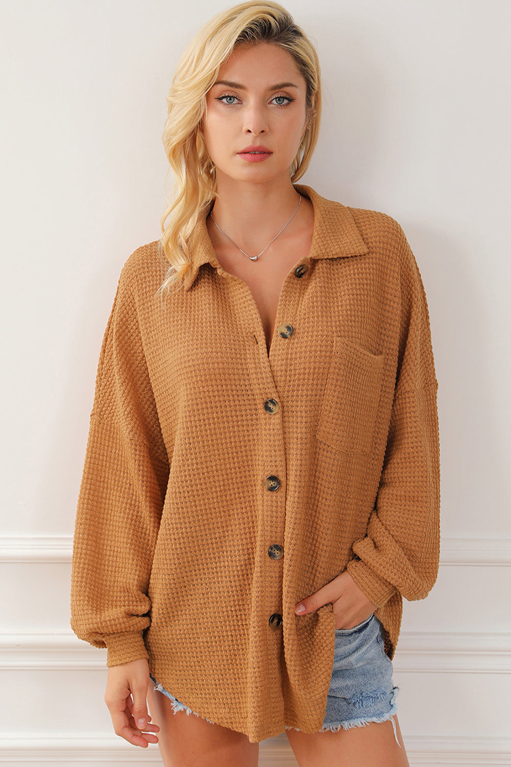 Black Plus Size Chest Pocket Waffle Knit Shirt