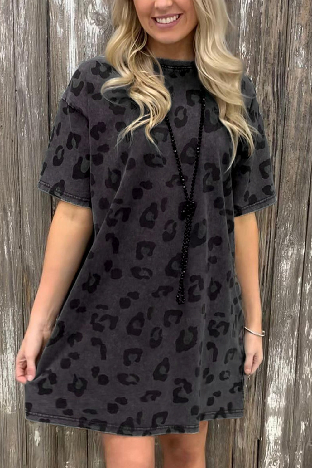 Gray Leopard Pocketed Puff Sleeve Mini Dress