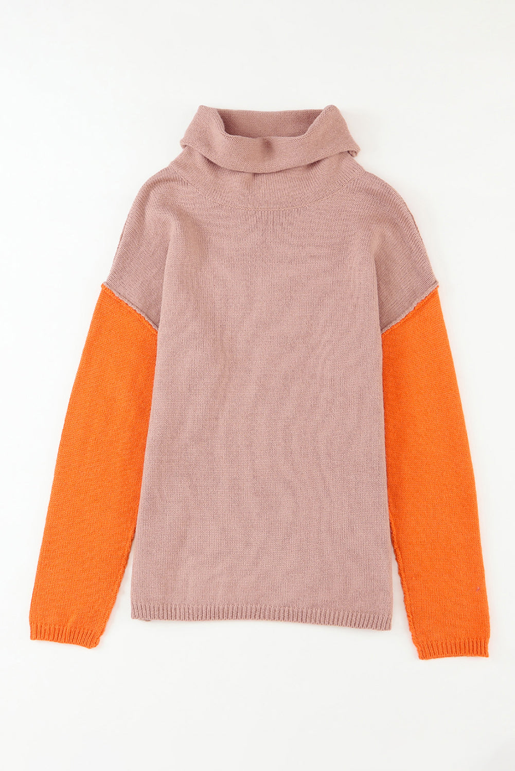 Khaki Color Block Turtle Neck Drop Shoulder Knit Sweater