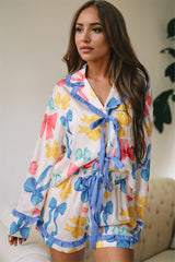 Sky Blue Bow Print Tied Ruffled Pajama Set