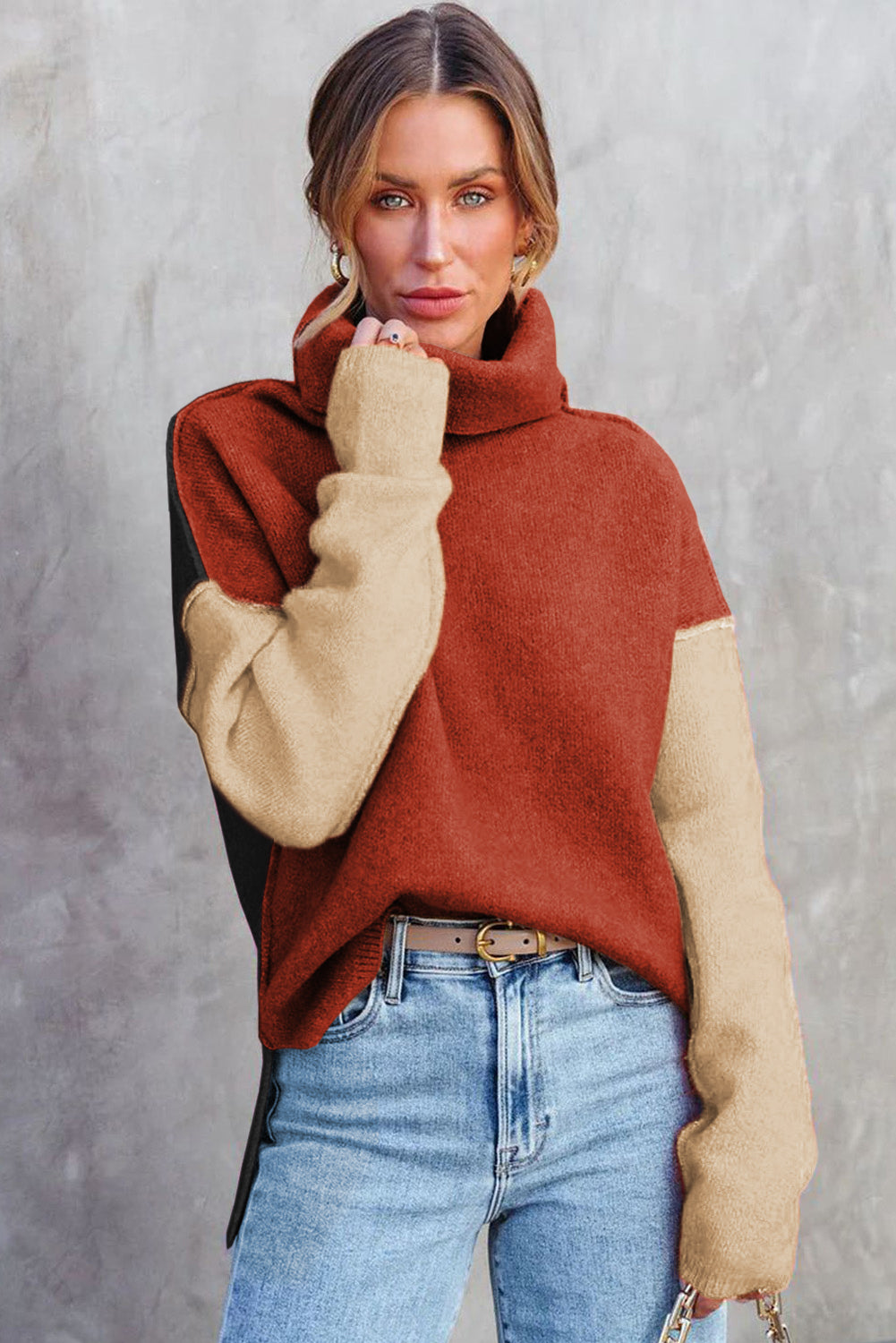 Khaki Color Block Turtle Neck Drop Shoulder Knit Sweater