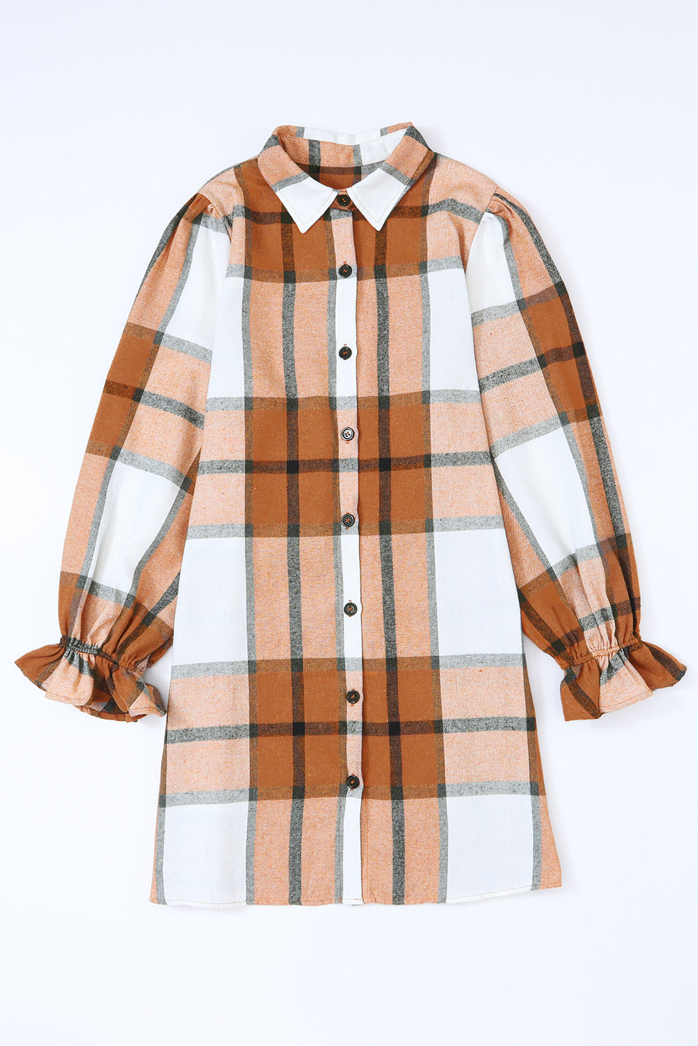 Khaki Plus Size Plaid Flounce Sleeve Button up Shirt Dress